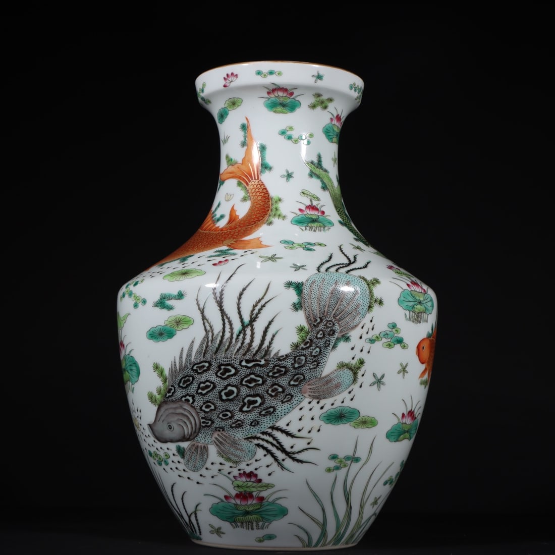 An Exquisite Famille-Rose Fish and Lotus Pattern with poem Vase: An Exquisite Famille-Rose Fish and Lotus Pattern with poem Vase Qing Dynasty, China Yongzheng Six-character Mark Size:14inx5.2in粉彩鱼藻纹尊