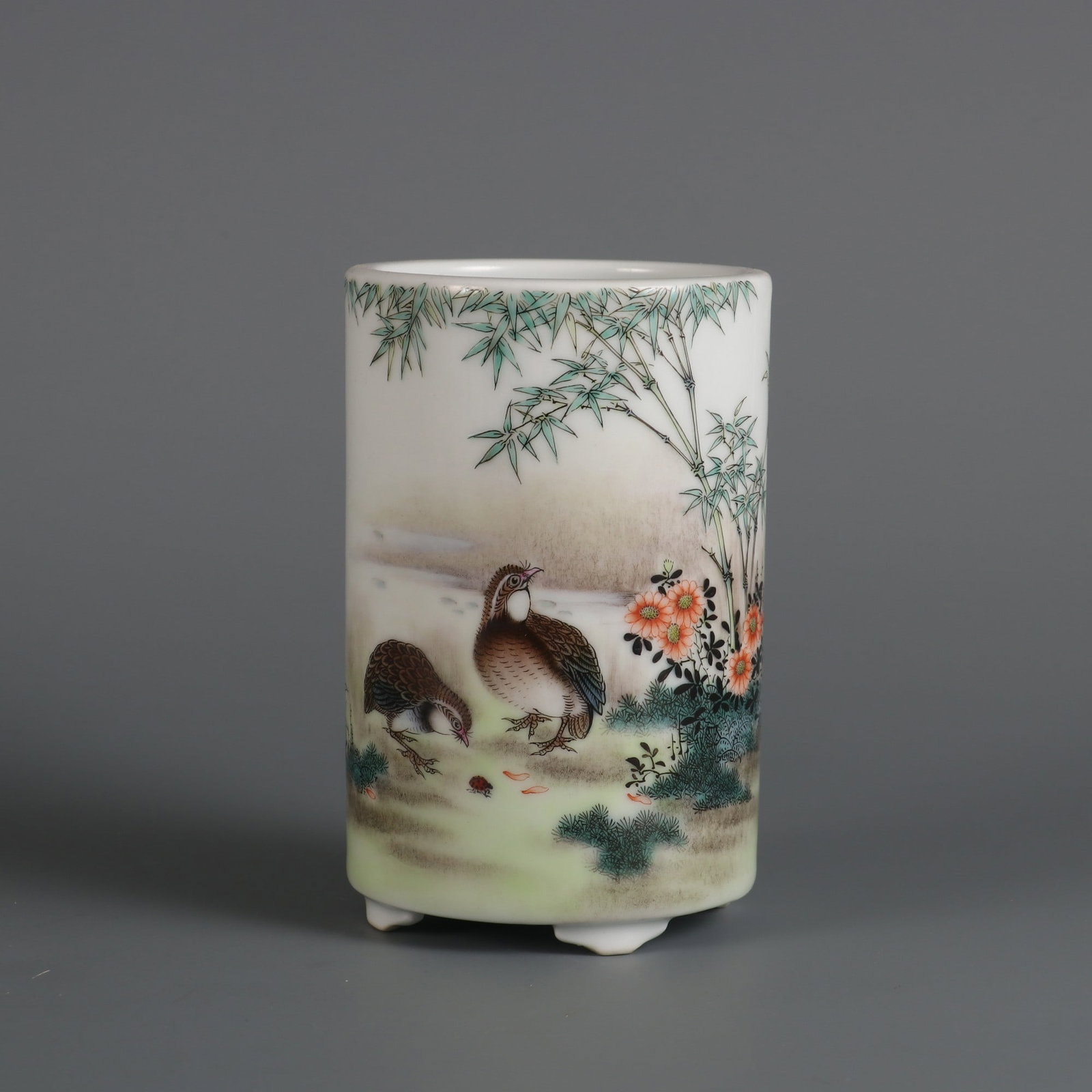 An Exquisite Enamel Flower and Bird Pattern with poem Brush Pot: An Exquisite Enamel Flower and Bird Pattern with poem Brush Pot Qing Dynasty, China Yongzheng Four-character Mark