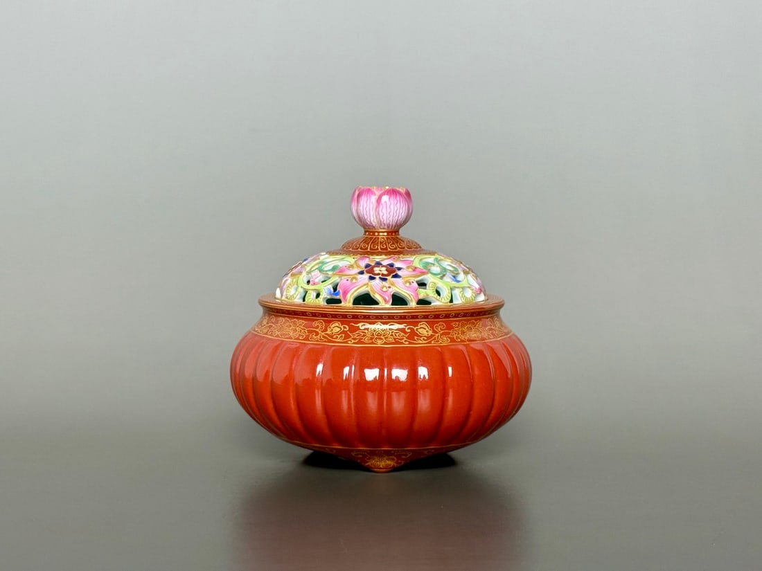 An Exquisite Iron-Red Painted Gold Lotus Pattern Tripod Censer: An Exquisite Iron-Red Painted Gold Lotus Pattern Tripod Censer Qing Dynasty, China Qianlong Four-character Mark