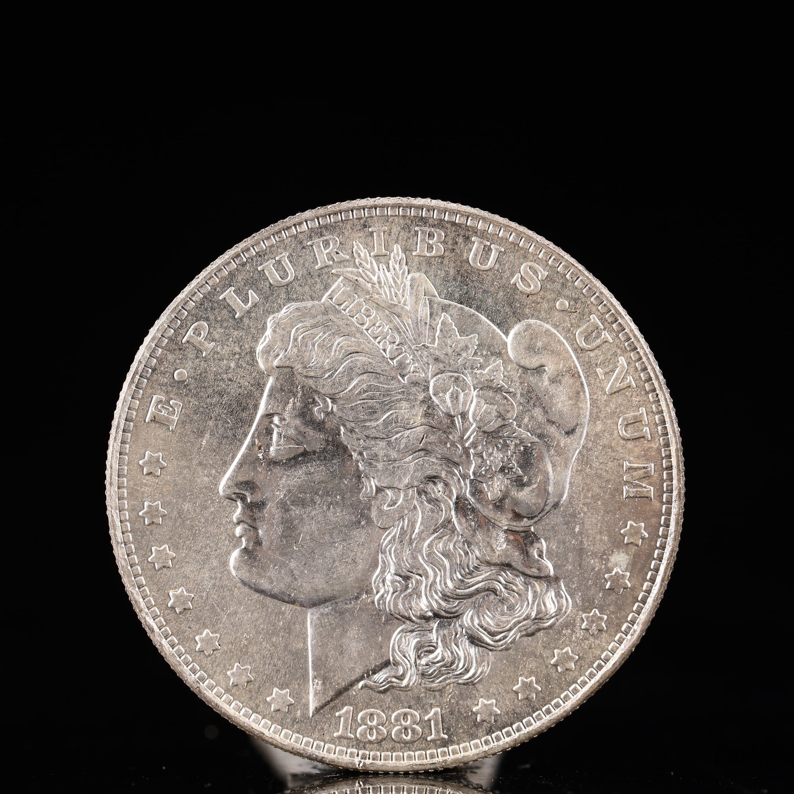 USA Morgan Dollar 1881 Coin: Obv: profile bust with date below and E PLURIBUS UNUM legend and stars around. Rev: eagle with In God we trust above within wreath with UNITED STATES OF AMERICA ONE DOLLAR legend. IN GOD WE TRUST / LI