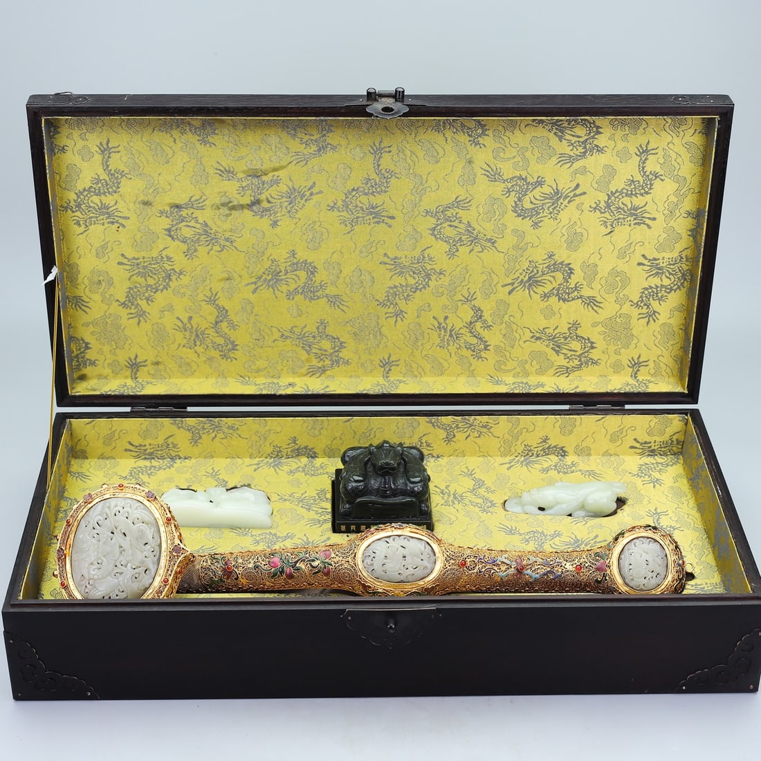 A Set of Fine Gilt Bronze Inlaid White Jade Ru yi White Jade Brush Holder Jasper Auspicious Beast (1 of 10)
