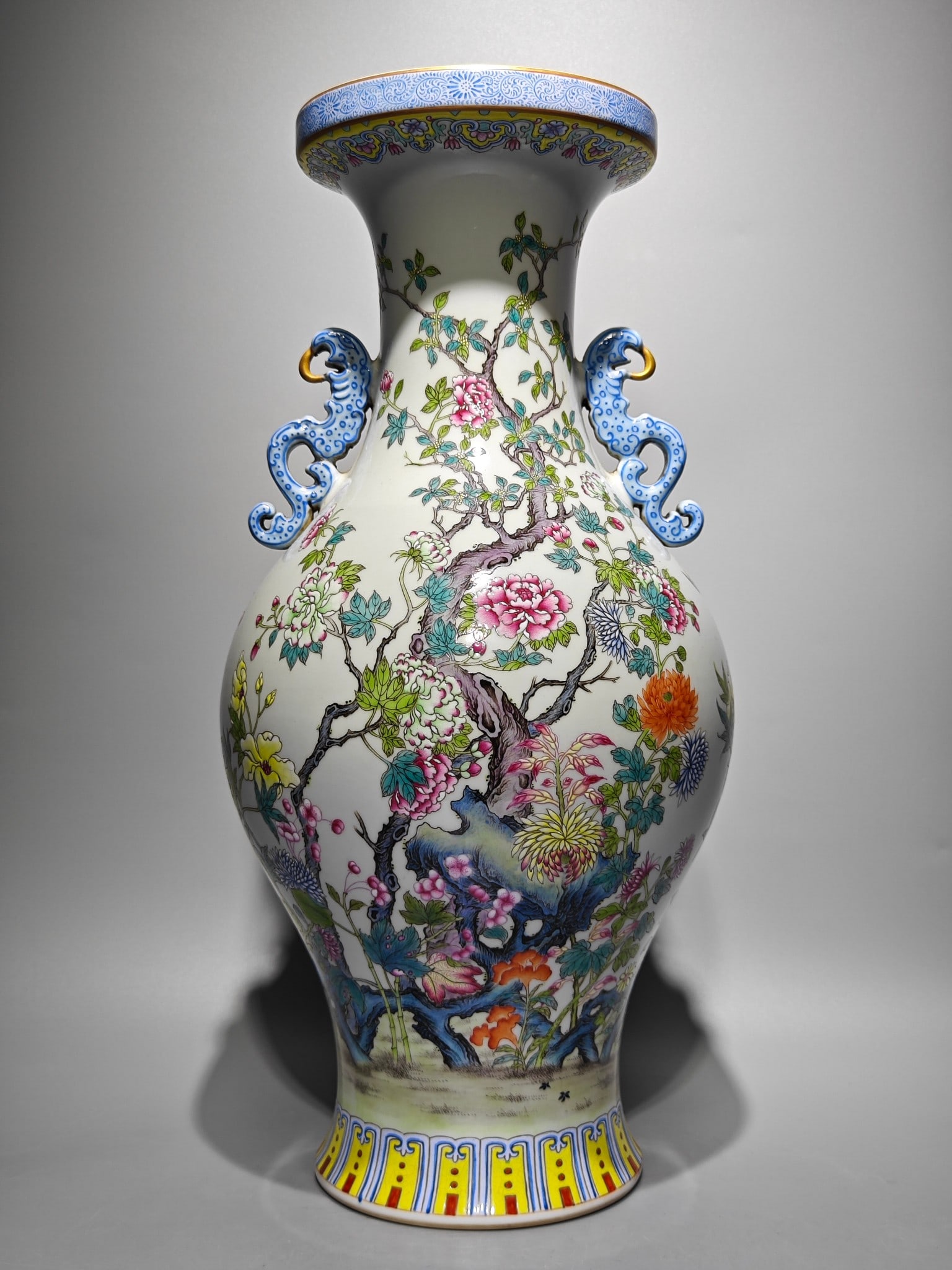 An Exquisite Famille-Rose Flower Pattern with poem Double-Ears Vase: An Exquisite Famille-Rose Flower Pattern with poem Double-Ears Vase Qing Dynasty, China Qianlong Six-character Mark