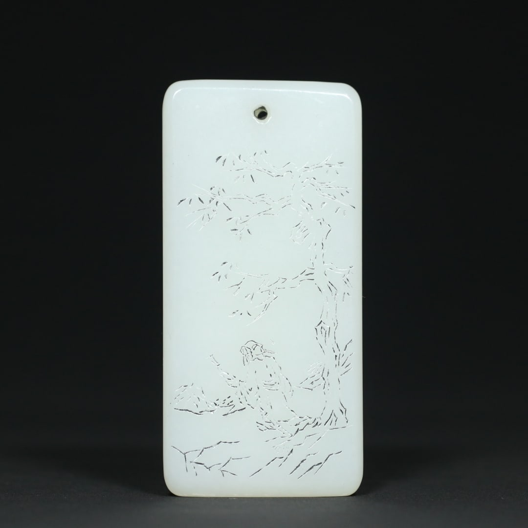 An Exquisite White Jade Character and Story Pattern with poem Brand Pendant: An Exquisite White Jade Character and Story Pattern with poem Brand Pendant Qing Dynasty, China Size:3.6inx1.7inx0.3in Weight:78g白玉松下文人图诗词