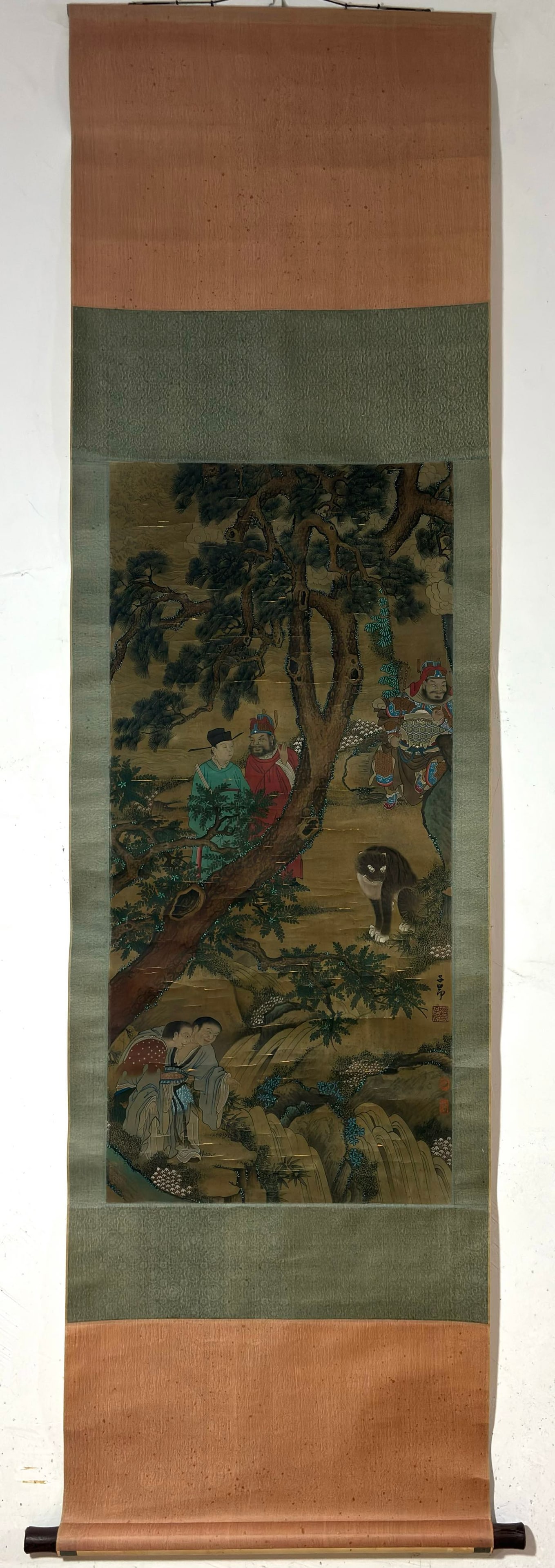 A Chinese Vertical Scroll Ink Painting of Character and Story on Silk: A Chinese Vertical Scroll Ink Painting of Character and Story on Silk Zhao mengfu Without frame Size:37.6inx17.3in赵孟頫人物图 绢本立轴Witho