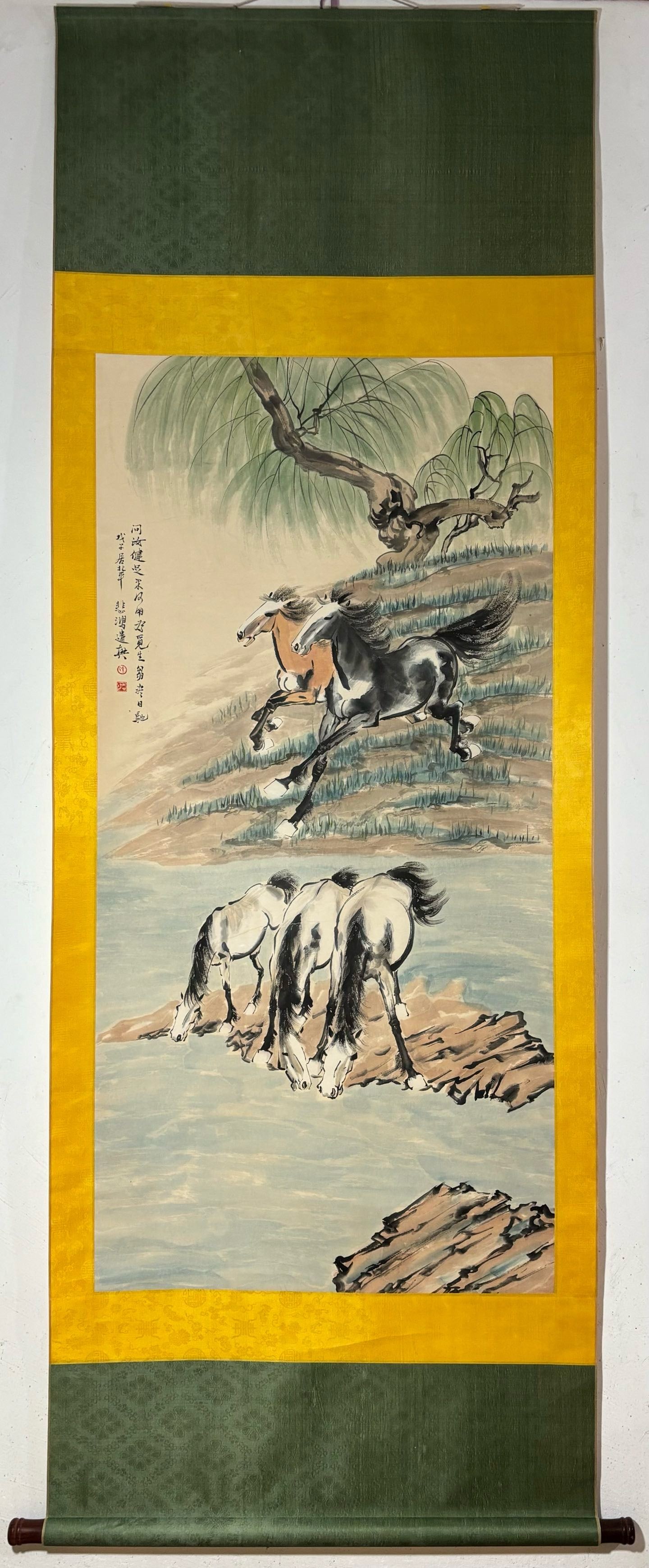 A Chinese Vertical Scroll Ink Painting of Horse on Paper: A Chinese Vertical Scroll Ink Painting of Horse on Paper Xu beihong Without frame Size:53.5inx26.4in徐悲鸿五骏图 纸本立轴Without frame