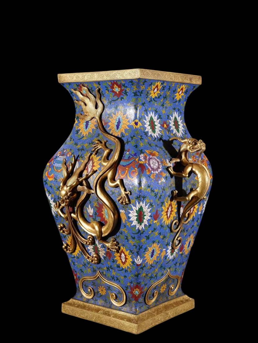 A Exquisite Cloisonne Lotus Pattern Dragon Pattern Double-Ears Vase - 3