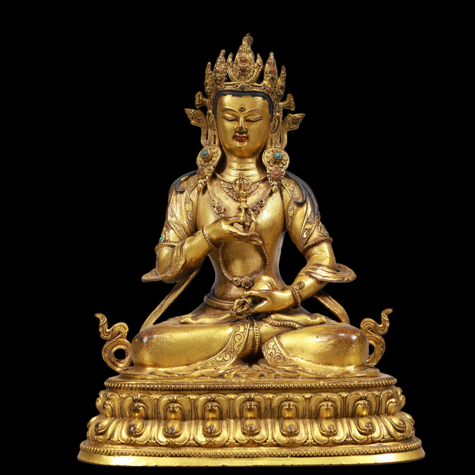 An Exquisite Gilt Bronze Inlaid Gems Statue of Vajrasattva: An Exquisite Gilt Bronze Inlaid Gems Statue of Vajrasattva Qing Dynasty, China Qianlong Six-character Mark Size:7.1inx4.7inx9.8in