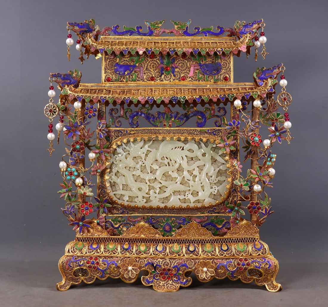 An Exquisite Gilt Bronze Inlaid White Jade Flower and Bird Pattern Screen - 2