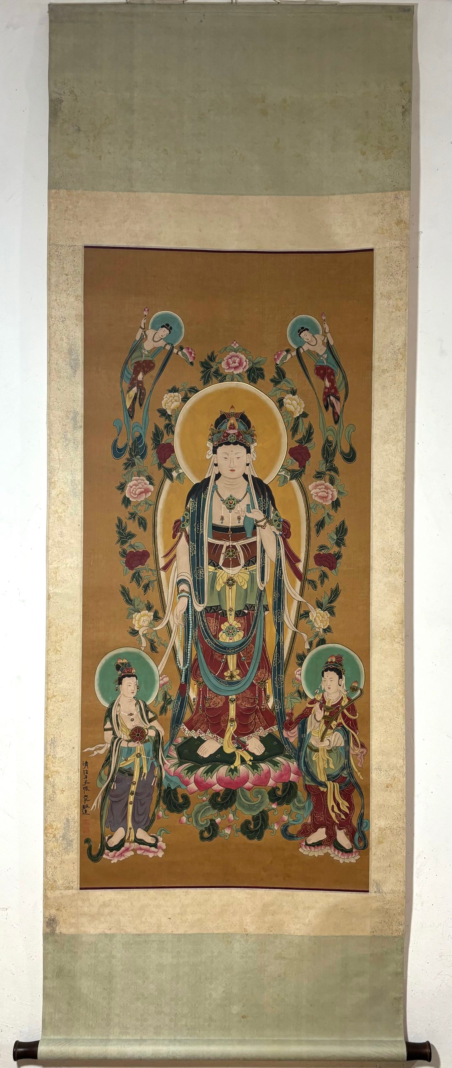 A Chinese Vertical Scroll Ink Painting of Buddha Statue on Silk: A Chinese Vertical Scroll Ink Painting of Buddha Statue on Silk Zhang daqian Without frame Size:53.5inx24.4in张大千佛像图 绢本立轴Without