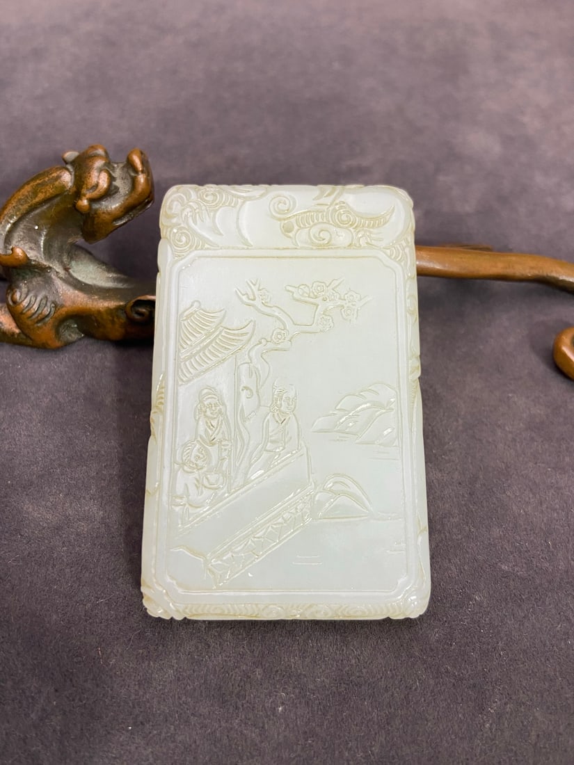 An Exquisite White Jade Character and Story Pattern with poem Brand: An Exquisite White Jade Character and Story Pattern with poem Brand Qing Dynasty, China Size:68mmx42mmx8.5mm