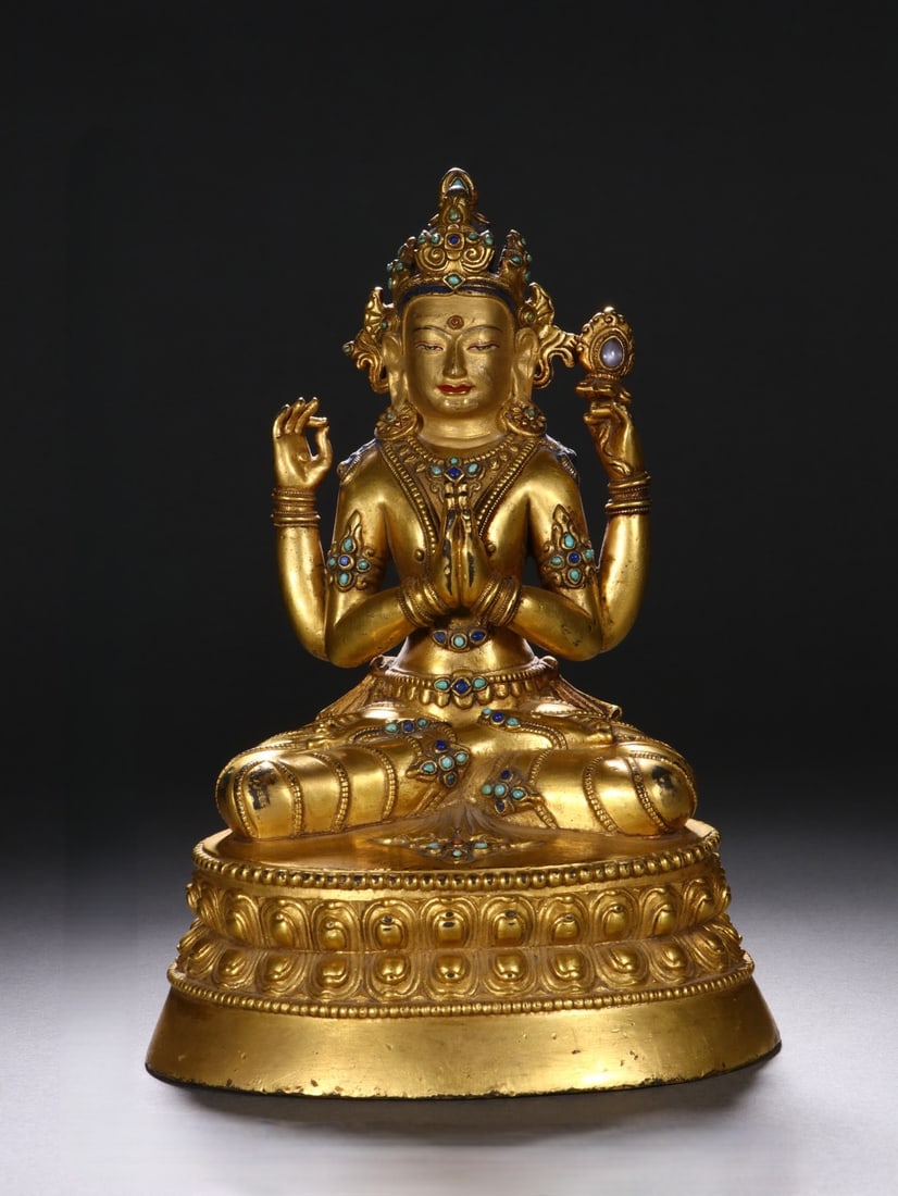 An Exquisite Gilt Bronze Inlaid Gems Four-arms Statue of Avalokitesvara: An Exquisite Gilt Bronze Inlaid Gems Four-arms Statue of Avalokitesvara Qing Dynasty, China