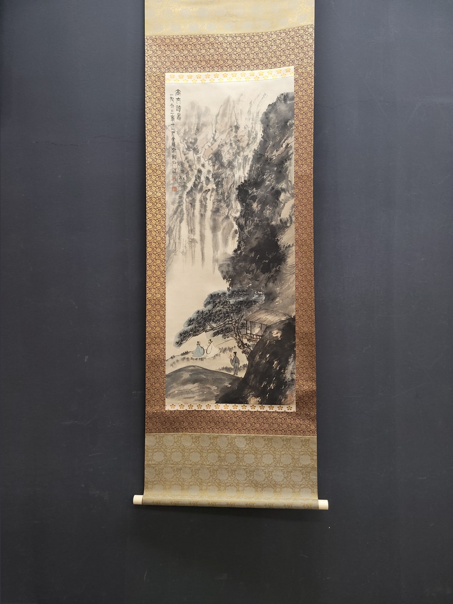 A Chinese Vertical Scroll Ink Painting of Landscape and Figure on Paper: A Chinese Vertical Scroll Ink Painting of Landscape and Figure on Paper Fu baoshi Without frame Size:16.5inx40.7in傅抱石高士读易