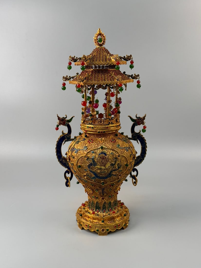 An Exquisite Gilt Bronze Inlaid Gems Dragon and Phoenix Pattern Double-Ears Vase: An Exquisite Gilt Bronze Inlaid Gems Dragon and Phoenix Pattern Double-Ears Vase Qing Dynasty, China Qianlong Four-character Mark Size:18.5inx10.2in