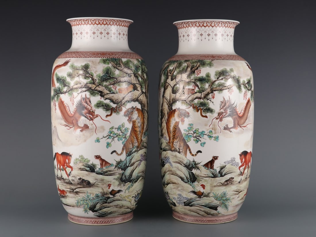 A Pair of Exquisite Famille-Rose The twelve Chinese zodiac signs Pattern Vase: A Pair of Exquisite Famille-Rose The twelve Chinese zodiac signs Pattern Vase the Republic of China Size:18inx5.9in粉彩十二生肖图筒瓶一ë