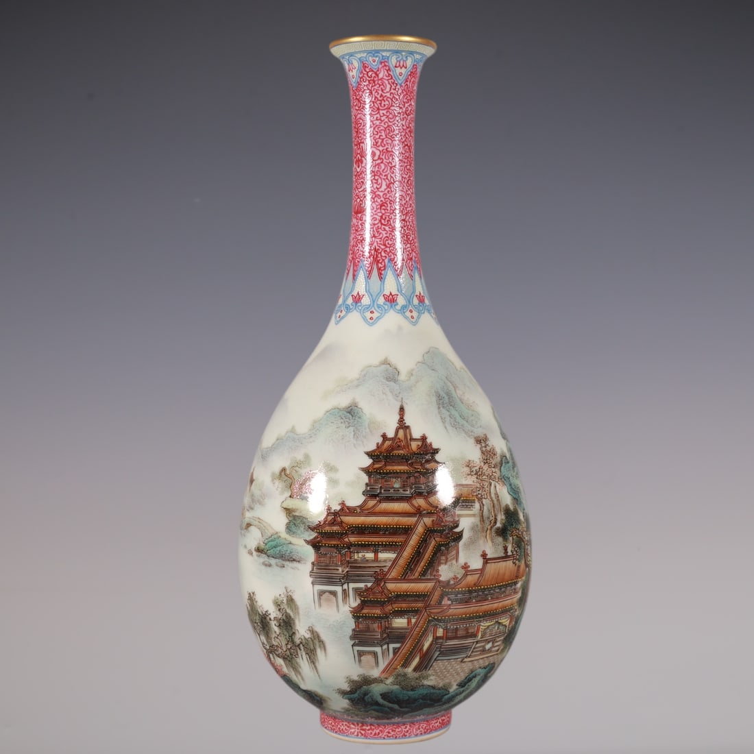 An Exquisite Enamel Agate Red-Glazed Landscape Pattern Vase: An Exquisite Enamel Agate Red-Glazed Landscape Pattern Vase Qing Dynasty, China Qianlong Six-character Mark Size:11inx4.7in珐琅彩玛瑙红通景楼Ö
