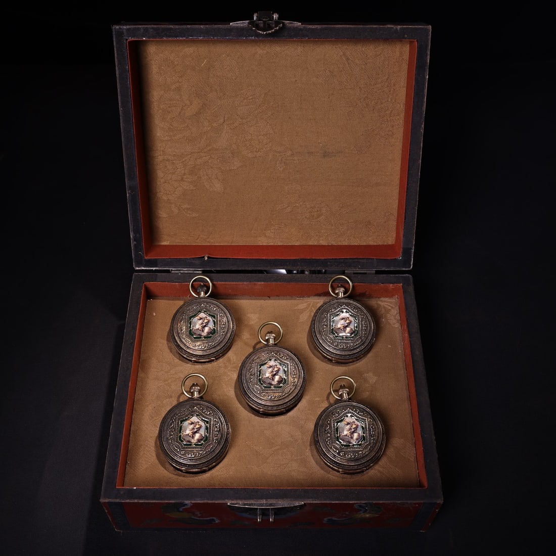 A Set of Fine Bronze Pocket watch: A Set of Fine Bronze Pocket watch Qing Dynasty, China Diameter Size:2.2in Weight:160g铜西洋怀表一盒配漆盒 中国清代