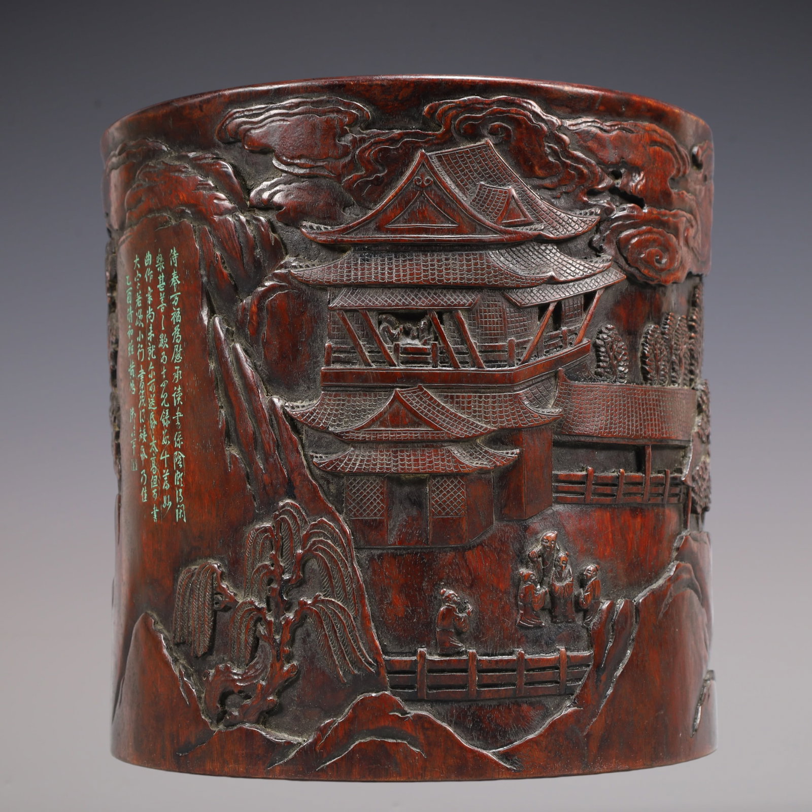 A Exquisite Zitanwood Landscape and Figure Pattern with poem Brush Pot: A Exquisite Zitanwood Landscape and Figure Pattern with poem Brush Pot Qing Dynasty, China Size:9.6inx9.4in