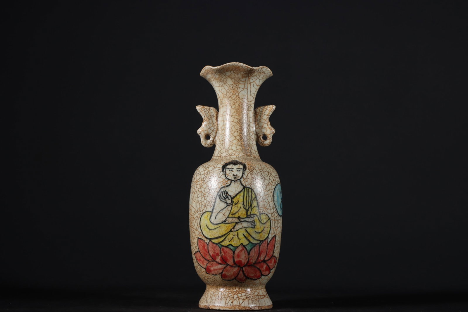 An Exquisite Chai yao Painted Color Character and Story Pattern Double-Ears Vase: An Exquisite Chai yao Painted Color Character and Story Pattern Double-Ears Vase Song Dynasty, China Size:7.8inx3.1in柴窑加彩双耳瓶