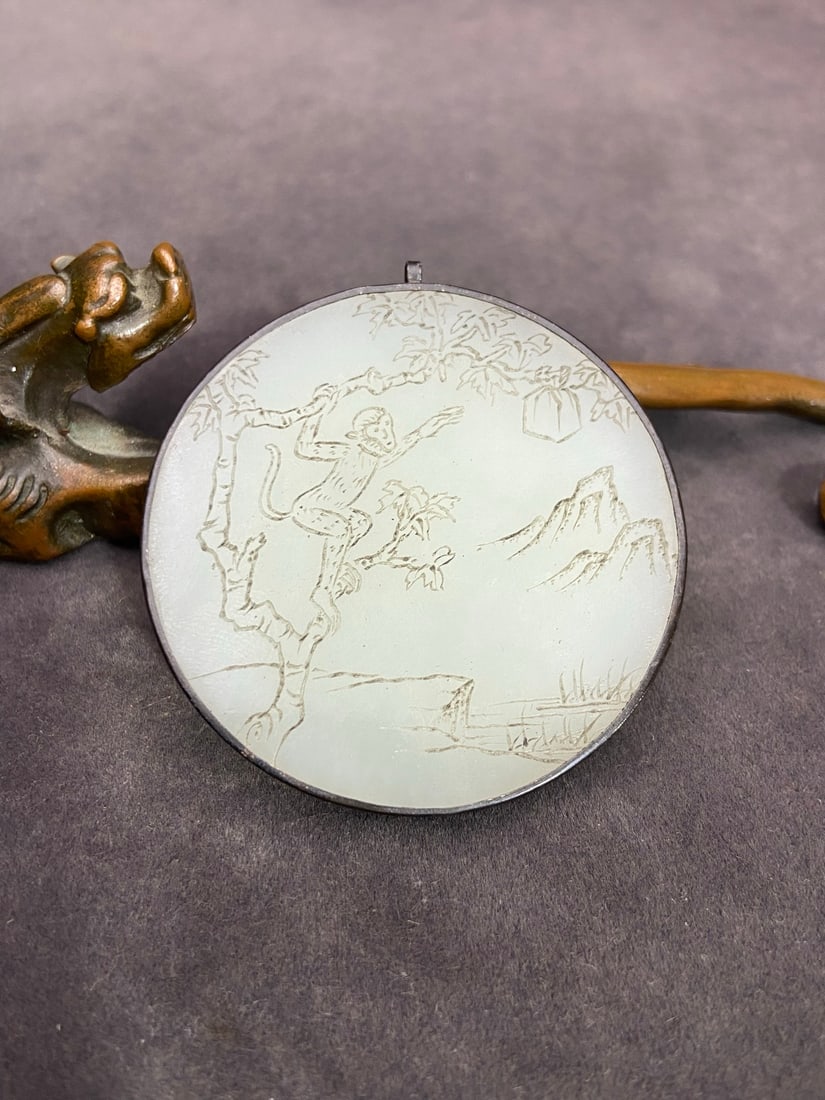 An Exquisite White Jade Inlaid Silver Monkey Pattern with poem Pendant (1 of 9)
