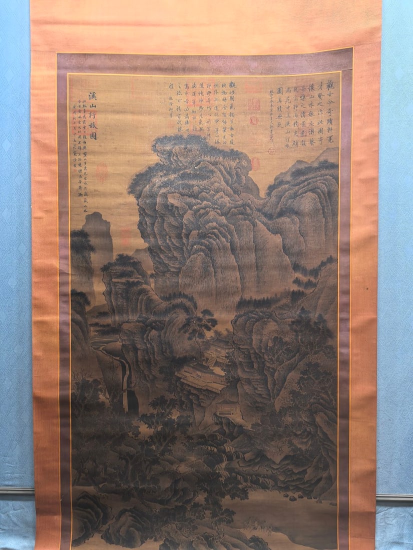 A Chinese Vertical Scroll Ink Painting of Landscape on Silk: A Chinese Vertical Scroll Ink Painting of Landscape on Silk Fan kuan Without frame Size:41.3inx73.2in范宽溪山行旅图 绢本立轴Without