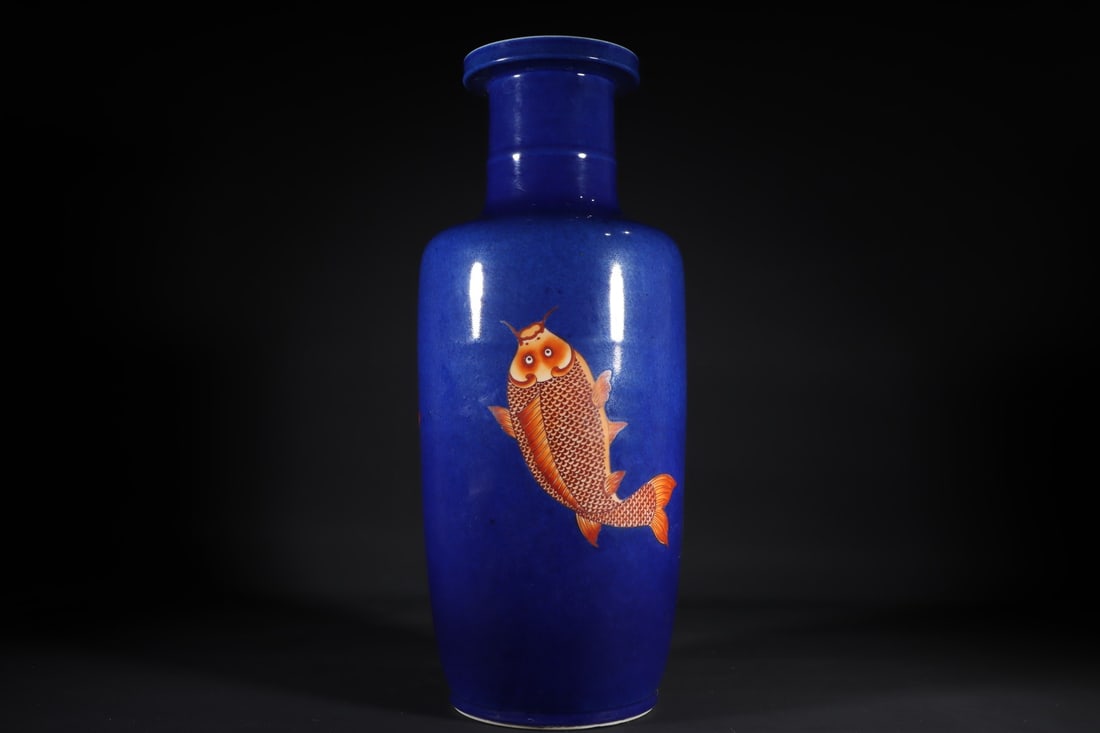 An Exquisite Ji Blue Glazed Iron-Red Fish Pattern Vase: An Exquisite Ji Blue Glazed Iron-Red Fish Pattern Vase Qing Dynasty, China Kangxi Six-character Mark Size:18.5inx8.3in霁蓝釉矾红彩棒缒瓶