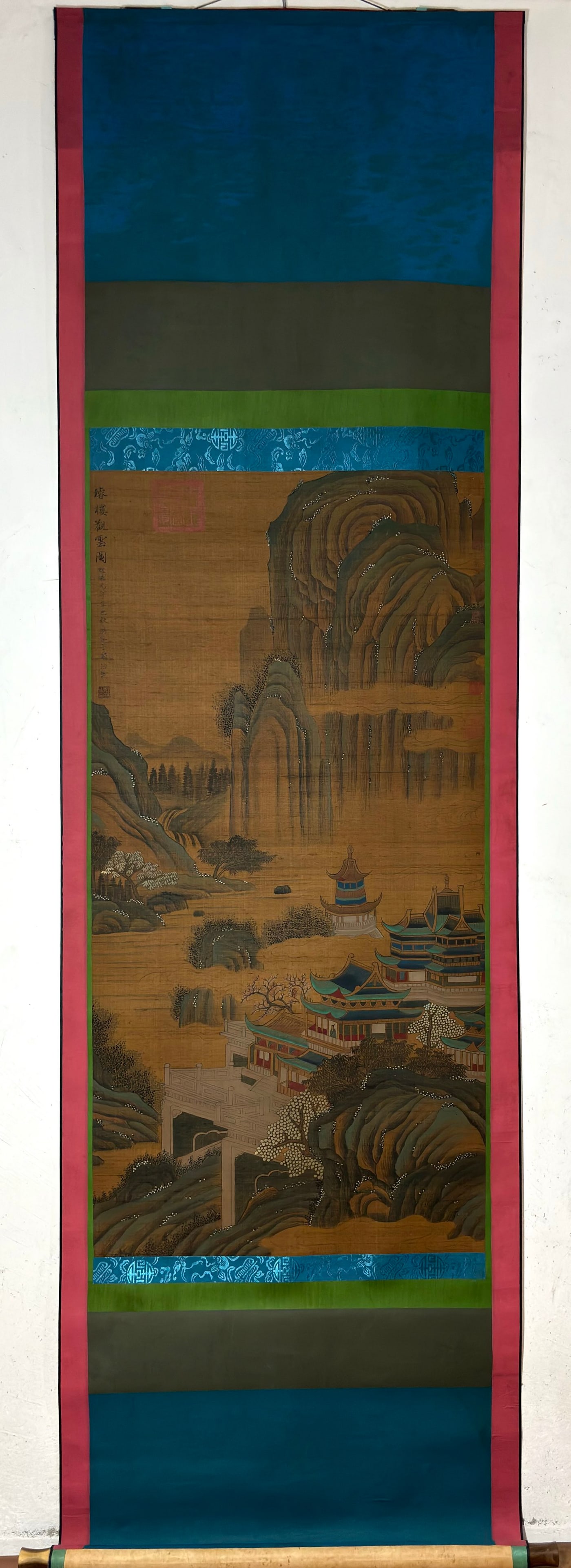 A Chinese Vertical Scroll Ink Painting of Landscape on Silk: A Chinese Vertical Scroll Ink Painting of Landscape on Silk Jin hao Without frame Size:48inx24.2in荆浩山水图 绢本立轴Without frame