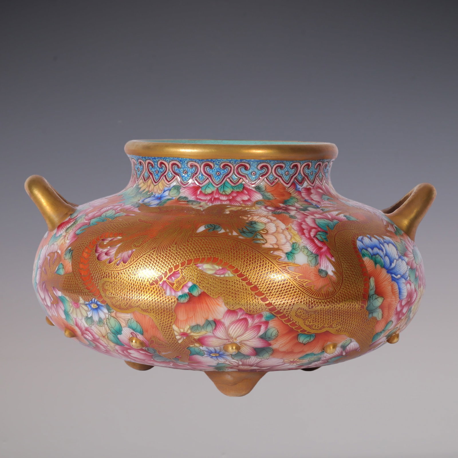 An Exquisite Enamel Painted Gold Dragon Pattern Flower Pattern Double-Ears and Tripod Censer: An Exquisite Enamel Painted Gold Dragon Pattern Flower Pattern Double-Ears and Tripod Censer Qing Dynasty, China Yongzheng Four-character Mark