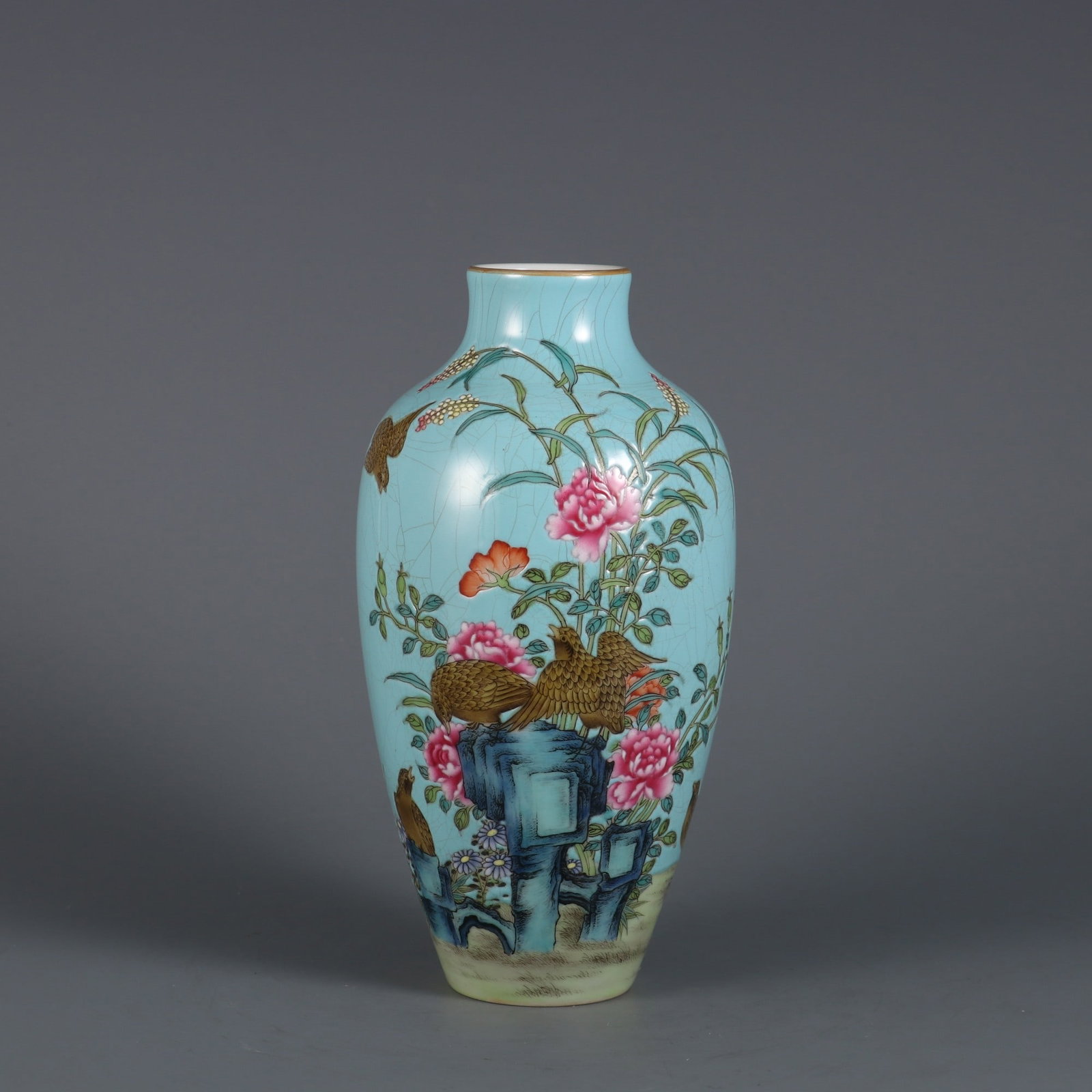 An Exquisite Famille-Rose Green Ground Flower and Bird Pattern with poem Vase: An Exquisite Famille-Rose Green Ground Flower and Bird Pattern with poem Vase Qing Dynasty, China Qianlong Four-character Mark