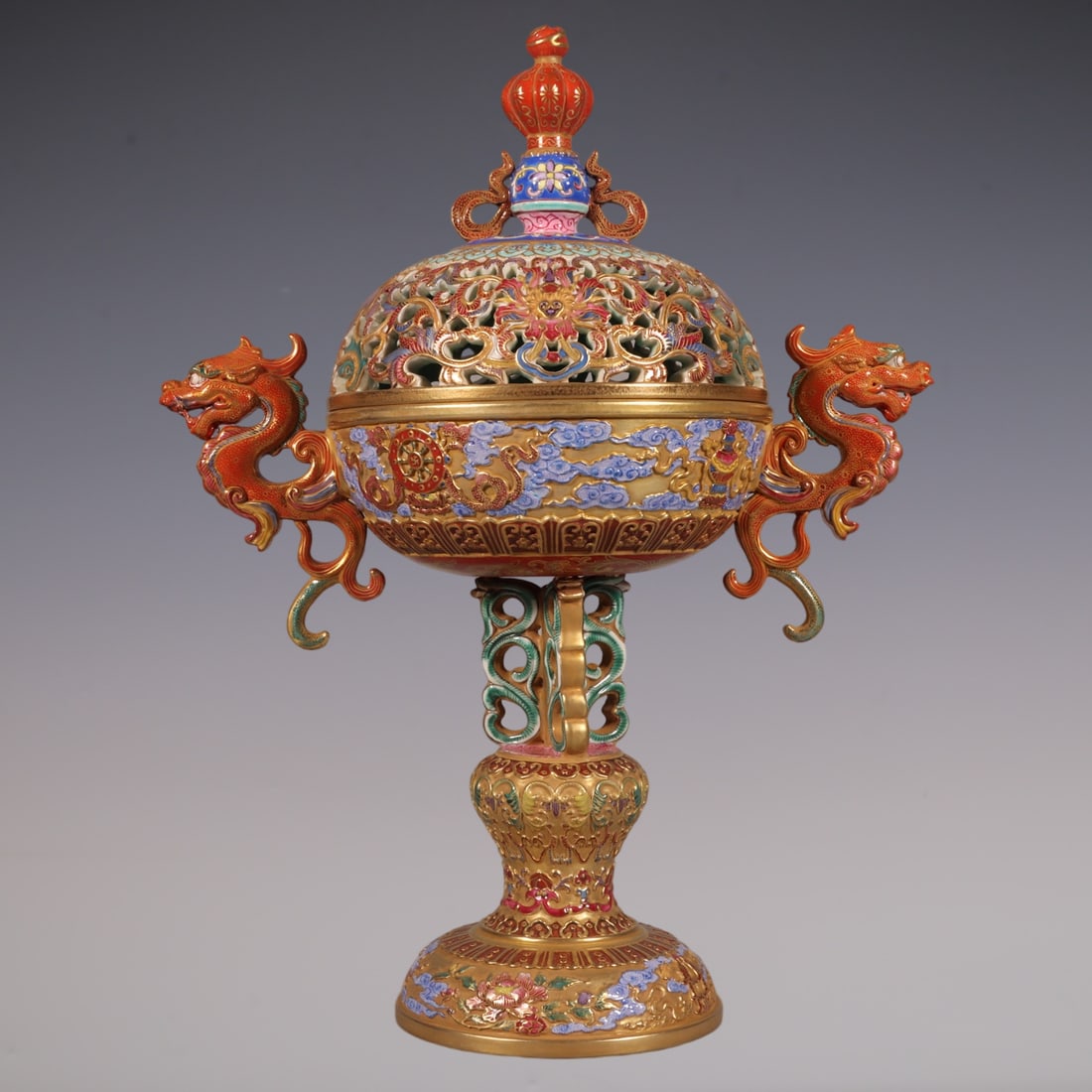 An Exquisite Enamel Lotus Pattern Eight Treasures Pattern Double-Ears Censer: An Exquisite Enamel Lotus Pattern Eight Treasures Pattern Double-Ears Censer Qing Dynasty, China Qianlong Four-character Mark