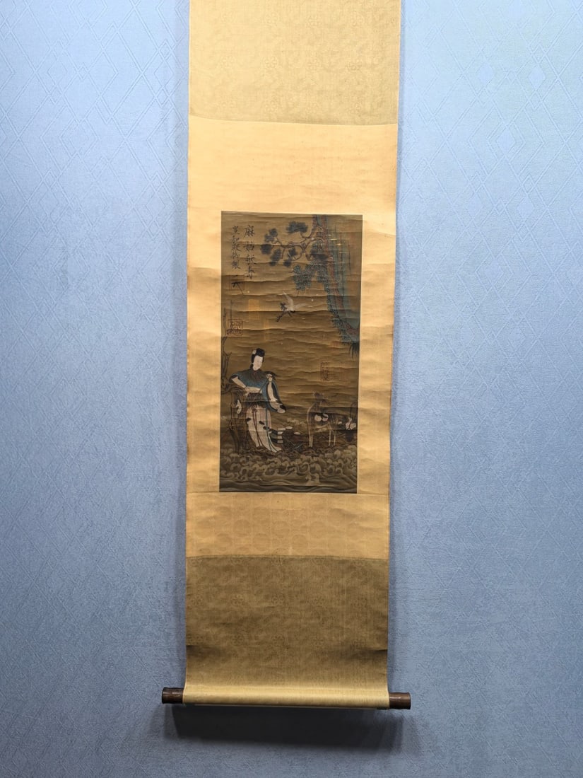 A Chinese Vertical Scroll Ink Painting of Character and Story on Silk: A Chinese Vertical Scroll Ink Painting of Character and Story on Silk Song huizong Size:11.6inx23.2in宋徽宗麻姑献寿
