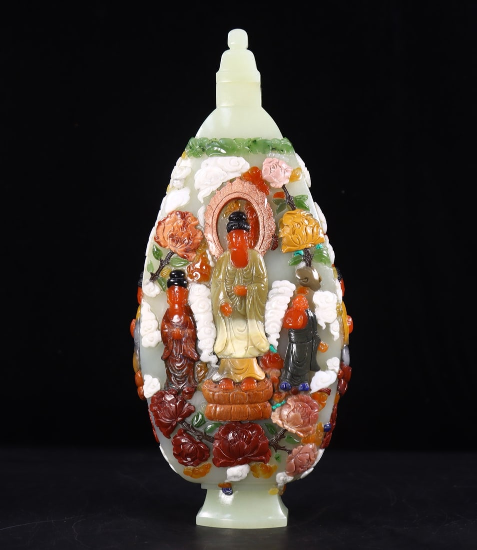An Exquisite White Jade Inlaid Gems Character and Story Pattern Vase (1 of 9)