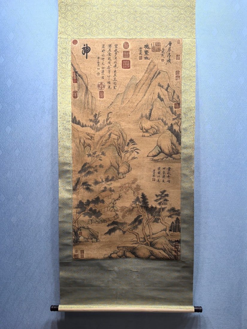 A Chinese Vertical Scroll Ink Painting of Landscape on Paper: A Chinese Vertical Scroll Ink Painting of Landscape on Paper Wang shen Size:25inx50.5in王詵山水 纸本立轴Size:63.5cmx128.2cm