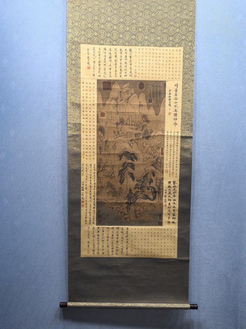 A Chinese Vertical Scroll Ink Painting of Landscape on Paper: A Chinese Vertical Scroll Ink Painting of Landscape on Paper Dong qichang Size:23.3inx49.4in董其昌山水 纸本立轴Size:59.1cmx125.5cm