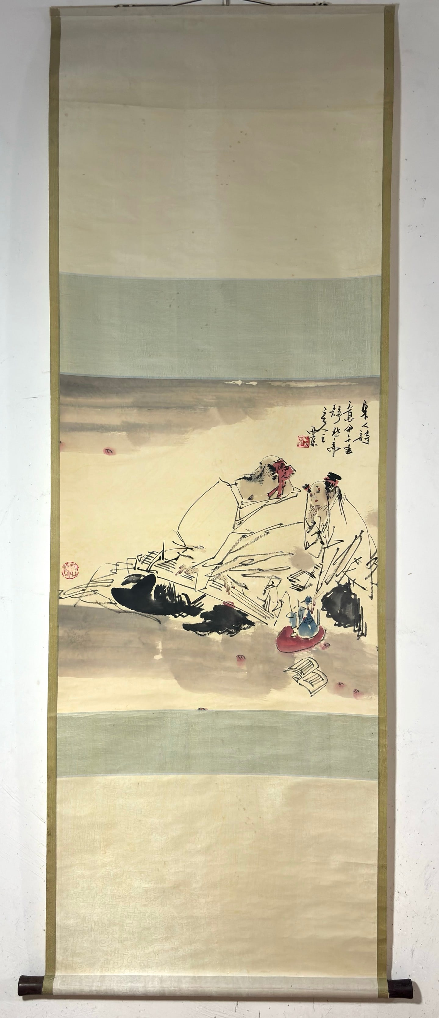 A Chinese Vertical Scroll Ink Painting of Character and Story on Paper: A Chinese Vertical Scroll Ink Painting of Character and Story on Paper Wang xijing Without frame Size:26.4inx25.2in王西京人物图