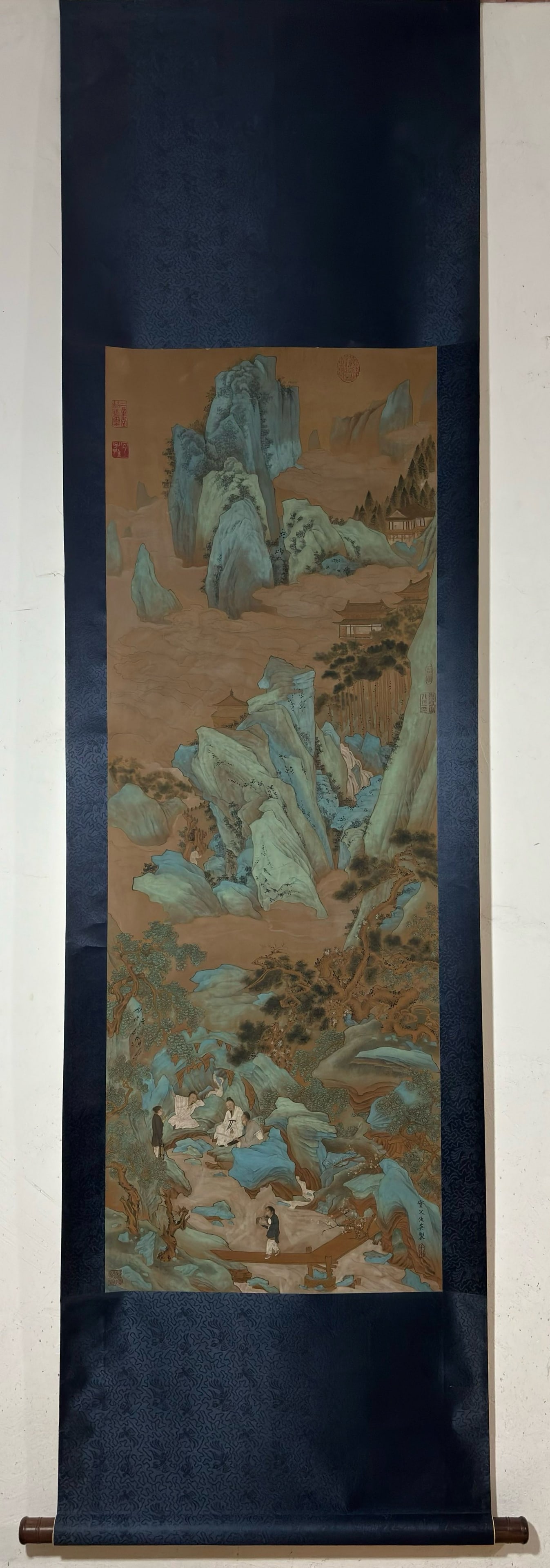 A Chinese Vertical Scroll Ink Painting of Landscape and Figure on Silk: A Chinese Vertical Scroll Ink Painting of Landscape and Figure on Silk Qiu ying Without frame Size:54.7inx19.5in仇英山水人物图