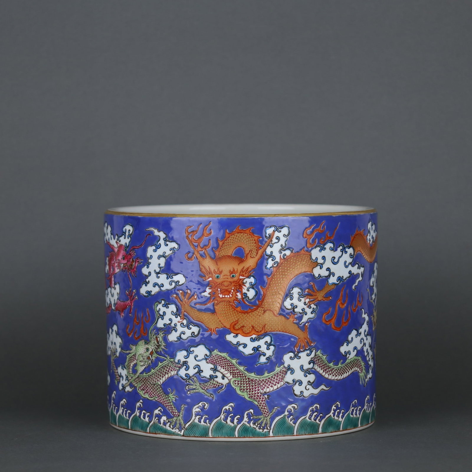 A Exquisite Blue Ground Famille-Rose Dragon Pattern Brush Pot: A Exquisite Blue Ground Famille-Rose Dragon Pattern Brush Pot,Qing Dynasty, China,Yongzheng Six-character Mark,Size:6inx7.6in