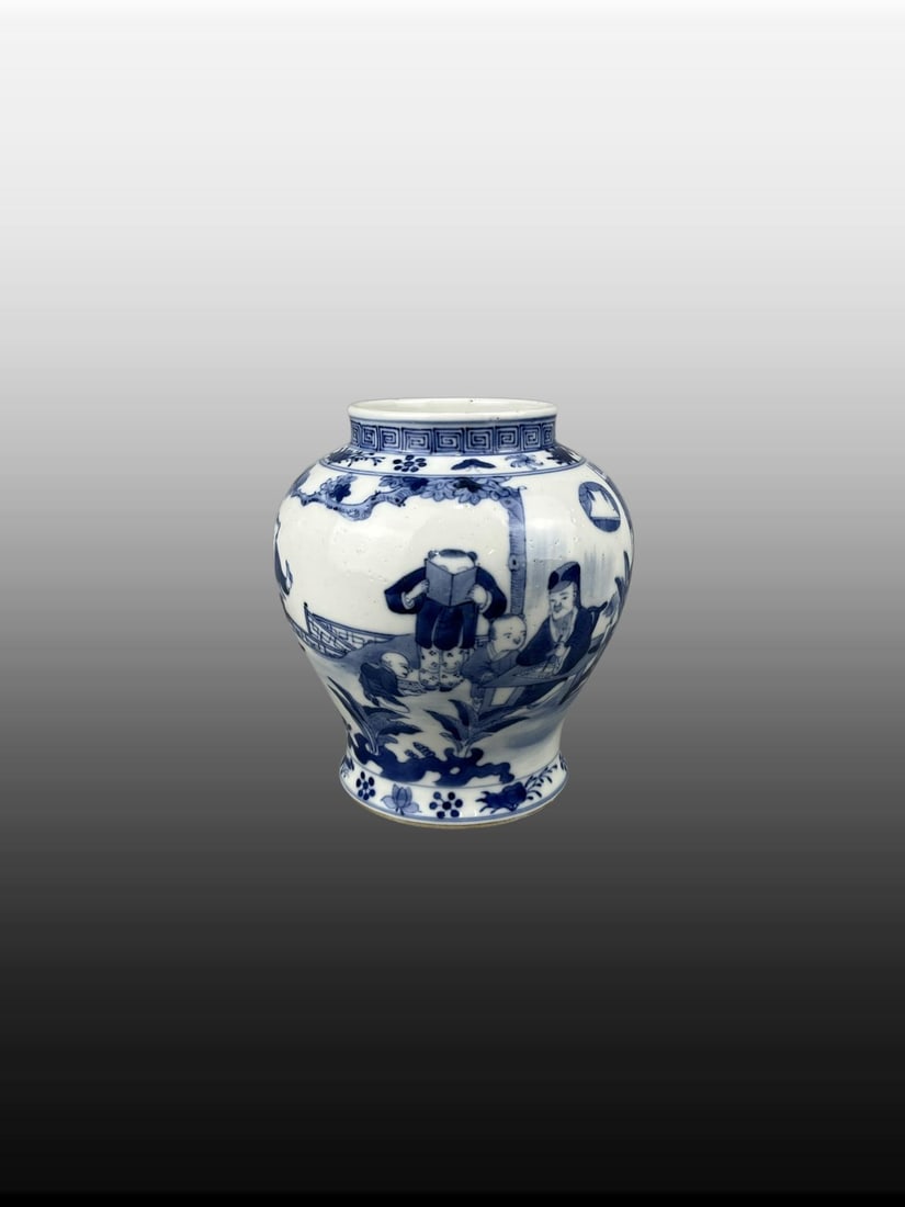 A Exquisite Blue and White Character and Story Pattern Jar: A Exquisite Blue and White Character and Story Pattern Jar,Qing Dynasty, China,Kangxi Four-character Mark,Size:7.1inx6.6in