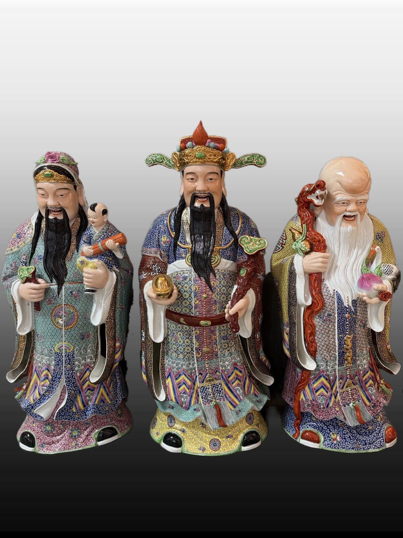 A Set of Exquisite Famille-Rose Fortune Longevity Ornament: A Set of Exquisite Famille-Rose Fortune Longevity Ornament,Republic of China,With Mark,Size:14.6inx8.7inx33.5in 一套粉彩福禄寿摆件,民国