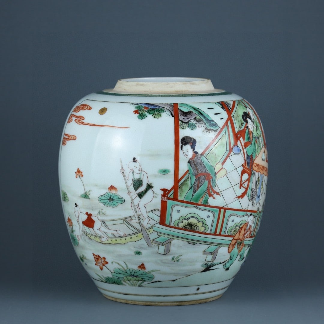 A Exquisite Wucai Character and Story Pattern Jar: A Exquisite Wucai Character and Story Pattern Jar,Qing Dynasty, China,Size:9inx3.8inx8.7in 五彩人物故事纹罐,中国清代