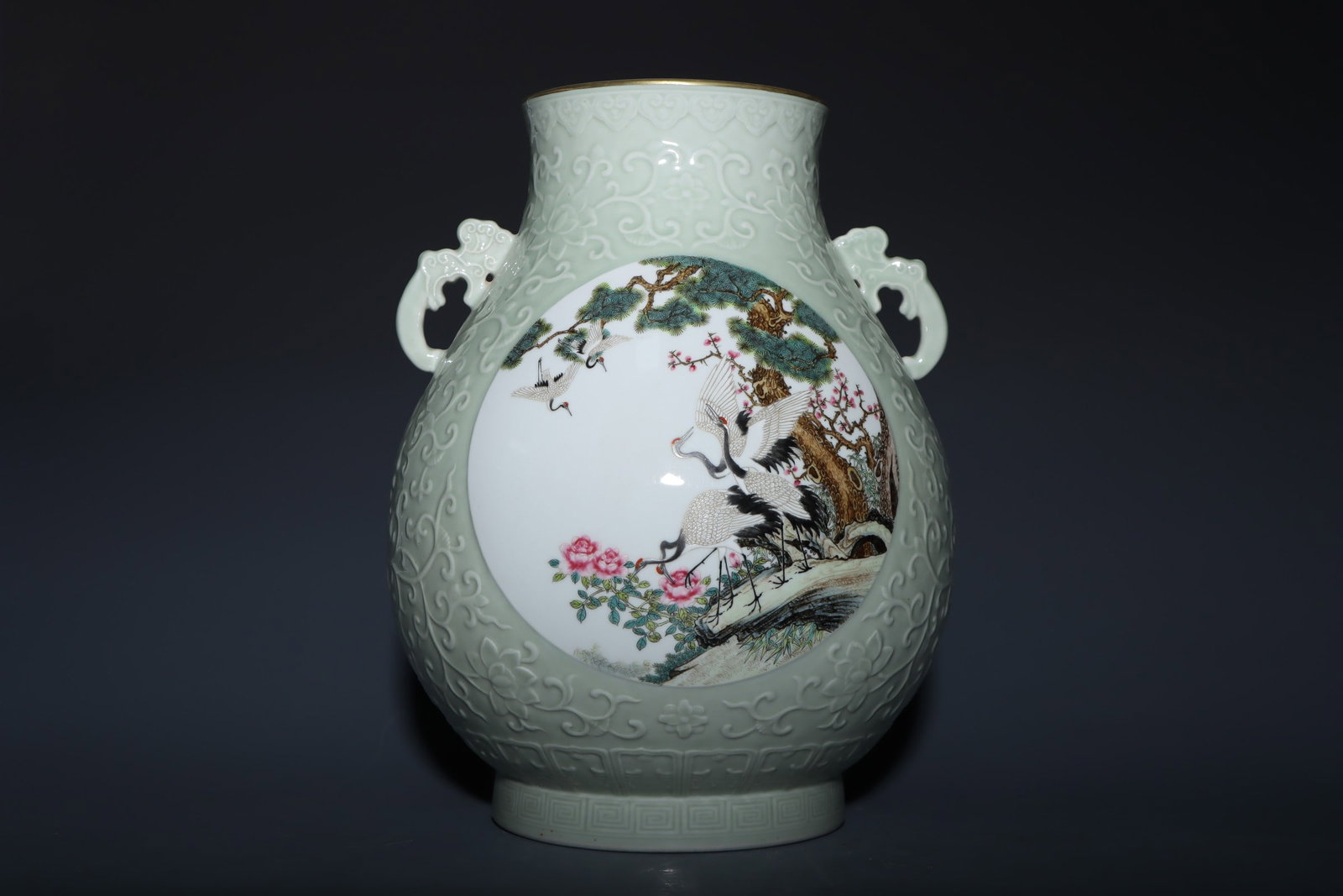 A Exquisite Pea-Green Glazed Famille-Rose Crane Pattern Double-Ears Vase: A Exquisite Pea-Green Glazed Famille-Rose Crane Pattern Double-Ears Vase,Qing Dynasty, China,Qianlong Six-character Mark,Size:15inx6.2inx11.3inx7.3in 豆青釉粉彩鹤&#