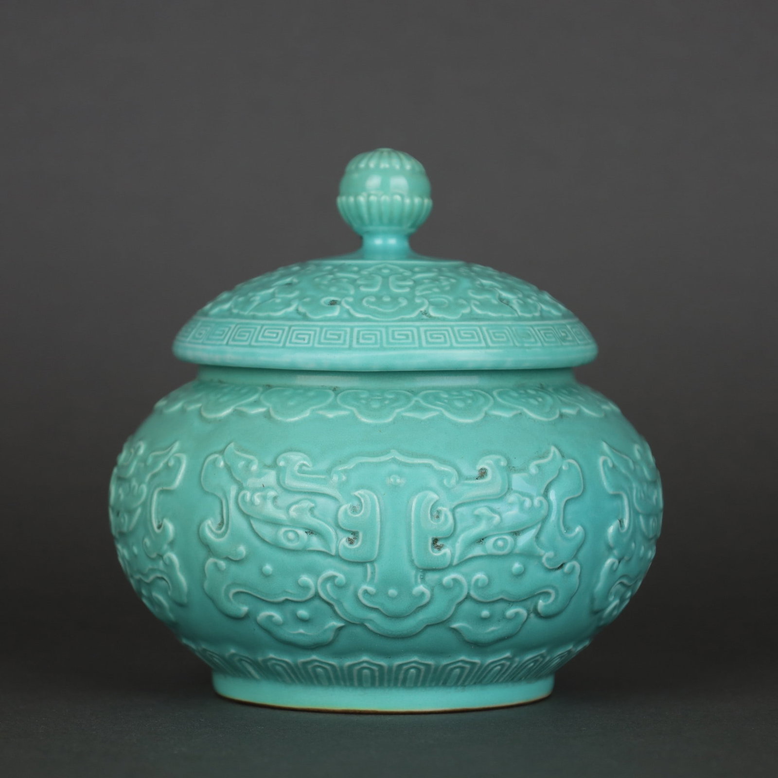 A Exquisite Turquoise-Glazed Beast-Face Pattern Jar: A Exquisite Turquoise-Glazed Beast-Face Pattern Jar,Qing Dynasty, China,Qianlong Six-character Mark,Size:5inx5in 松石绿釉兽面纹罐,中国଀