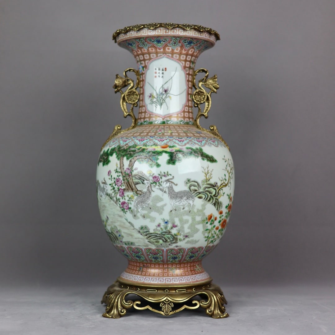 A Exquisite Famille-Rose Inlaid Copper Sheep Pattern Double-Ears Vase: A Exquisite Famille-Rose Inlaid Copper Sheep Pattern Double-Ears Vase,Qing Dynasty, China,Qianlong Four-character Mark,Size:18.3inx7.1inx8.3inx8.3in