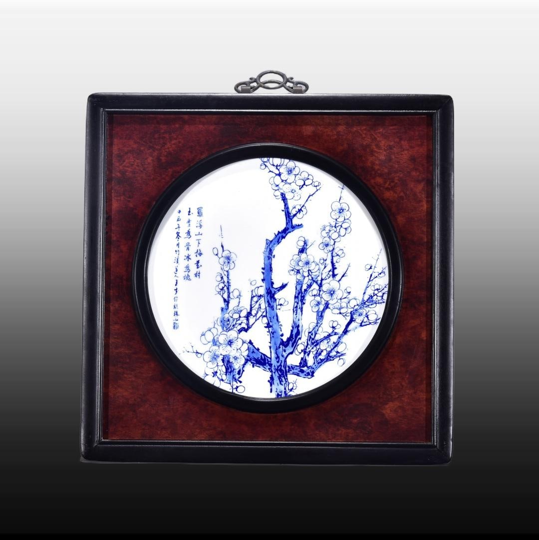 A Exquisite Red wood Blue and White Flower and Bird Porcelain Plate Hanging Panel: A Exquisite Red wood Blue and White Flower and Bird Porcelain Plate Hanging Panel,Republic of China,With Mark,Size:17.3inx17.3in 红木青花花鸟瓷板画