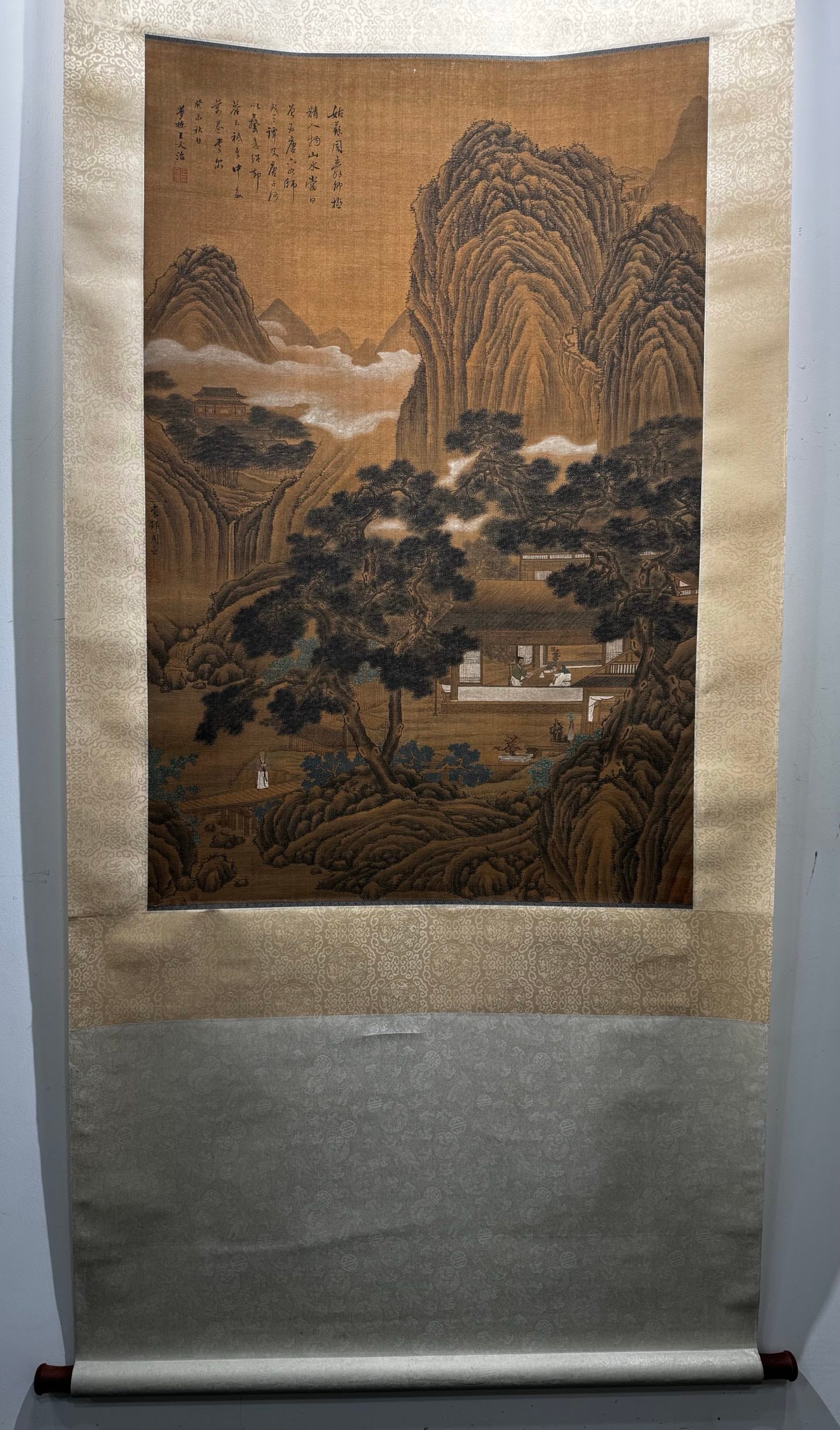 A Chinese Vertical Scroll Ink Painting of Landscape on Silk: A Chinese Vertical Scroll Ink Painting of Landscape on Silk,Ming Dynasty, China,Zhou Chen,without frame size:42.1inx27.6in 一幅中国水墨绢本山ĕ