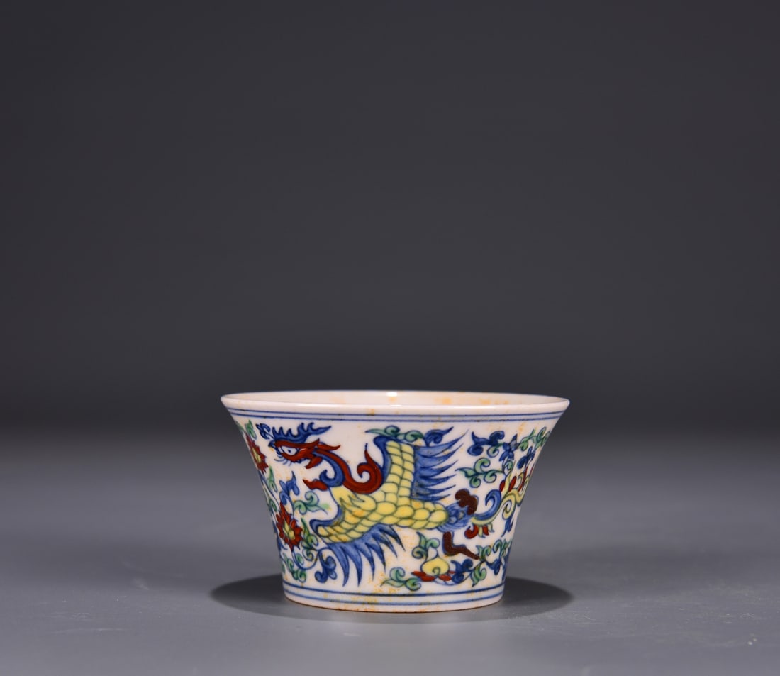 A Exquisite Blue and White Doucai Phoenix Pattern Cup: A Exquisite Blue and White Doucai Phoenix Pattern Cup,Ming Dynasty, China,Chenghua Six-character Mark,Size:2inx3.3in 青花斗彩凤纹杯