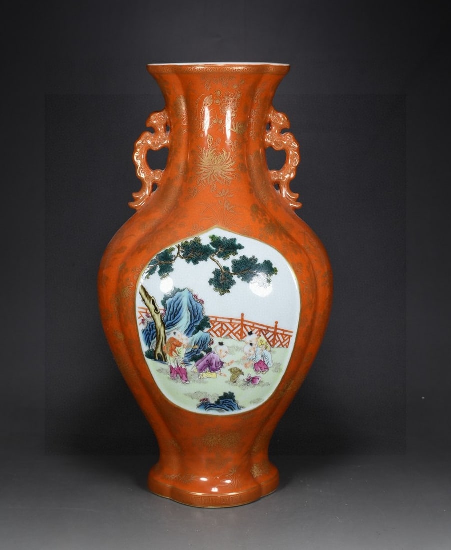 A Exquisite Iron-Red Glazed Painted Gold Figures Pattern Dragon-Ears Vase: A Exquisite Iron-Red Glazed Painted Gold Figures Pattern Dragon-Ears Vase,Qing Dynasty, China,Qianlong Six-character Mark,Size:15.4inx8.7in