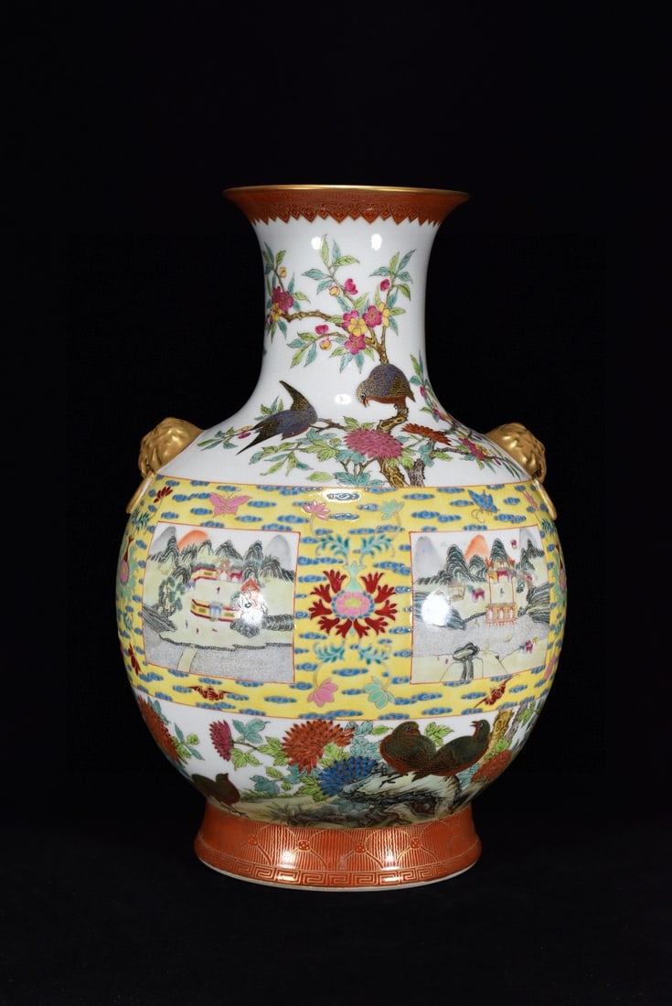 A Exquisite Famille-Rose Gilt Flower and Bird Pattern Elephant-Ears Vase: A Exquisite Famille-Rose Gilt Flower and Bird Pattern Elephant-Ears Vase,Qing Dynasty, China,Yongzheng Four-character Mark,Size:17.7inx11.8in 粉彩鎏金花鸟纹&#