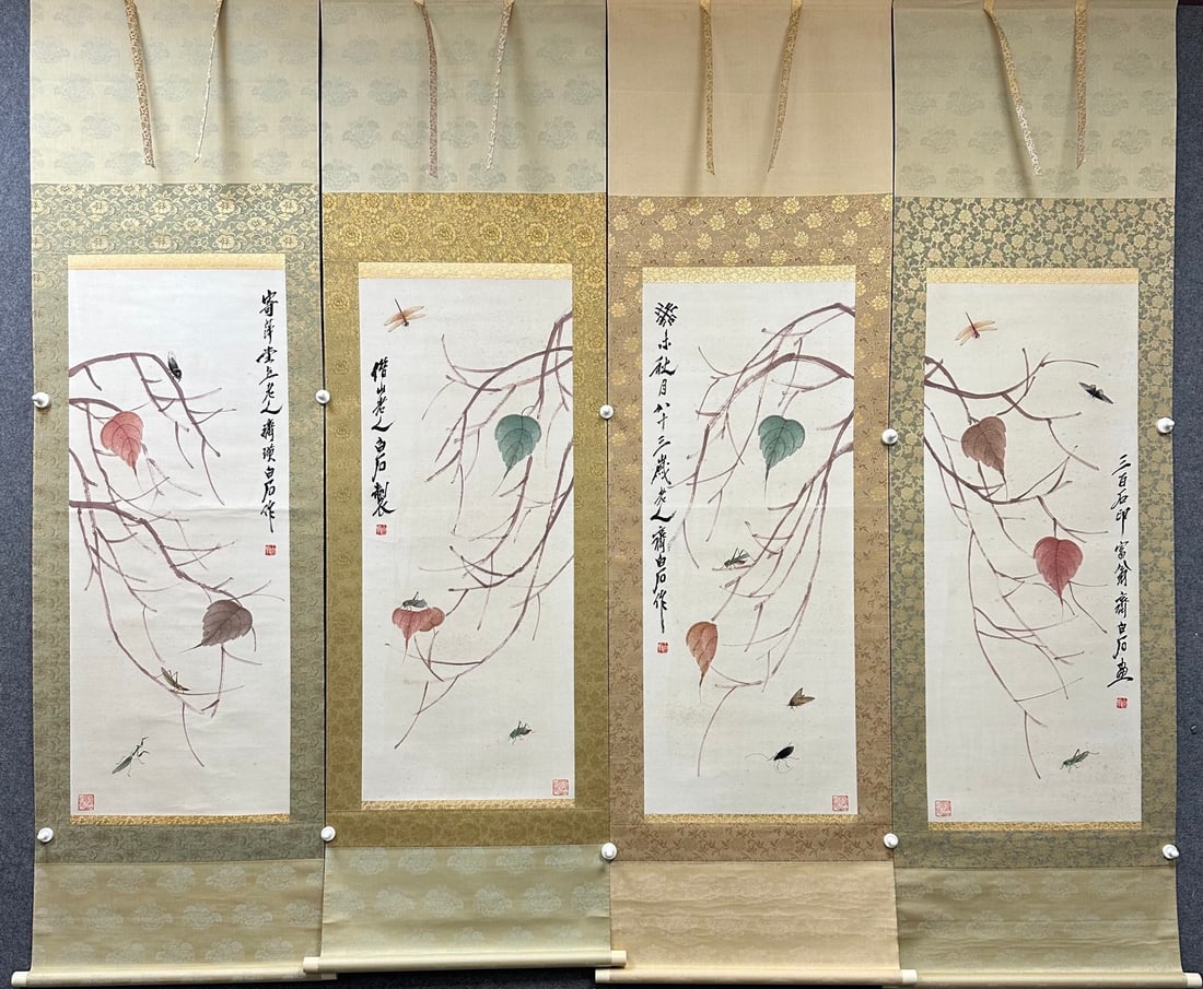 A Set of Chinese Vertical Scroll Ink Painting of Grass and Insect on Paper: A Set of Chinese Vertical Scroll Ink Painting of Grass and Insect on Paper,Modern Time of China,Qi Baishi,without frame size:16.1inx39.8in 一套中国水墨纸Ĉ
