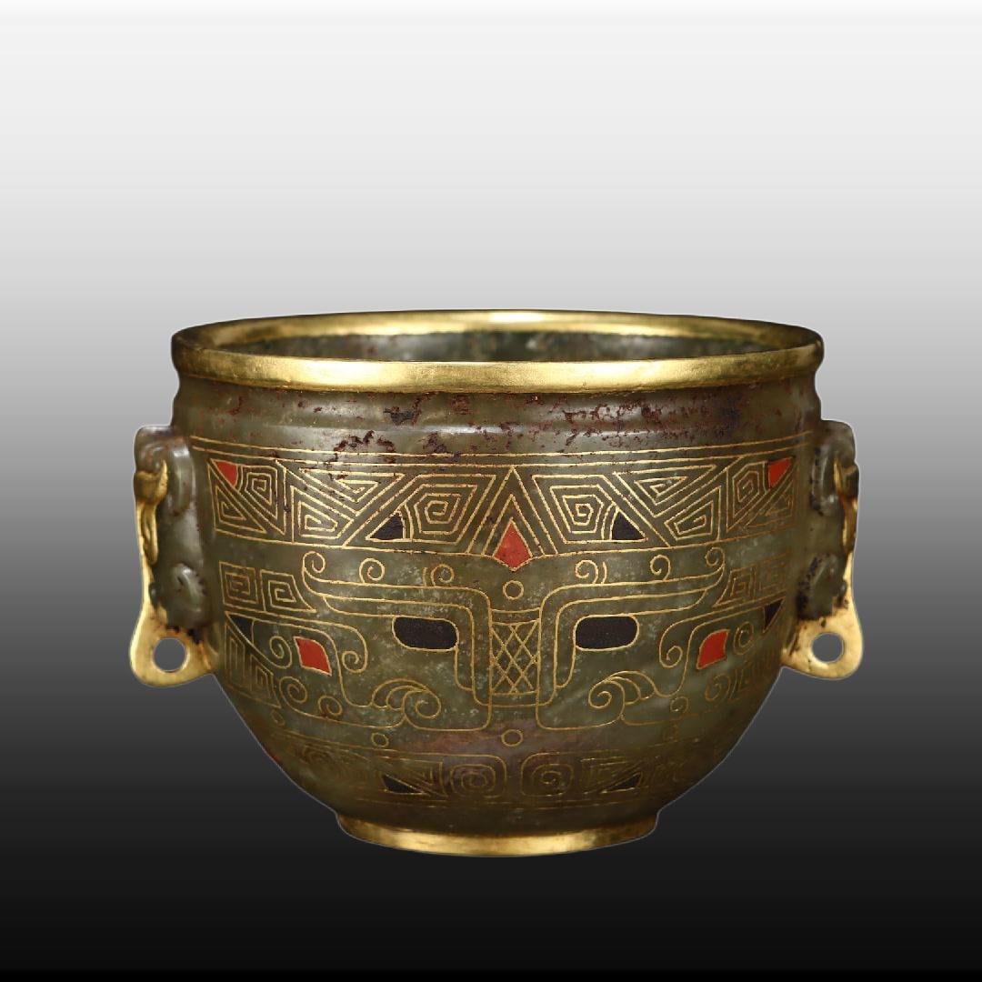 A Exquisite Hotan Jade Beast-Face Pattern Cup: A Exquisite Hotan Jade Beast-Face Pattern Cup,Han Dynasty, China,Size:4.7inx3.1in 和田玉兽面纹杯,中国汉代