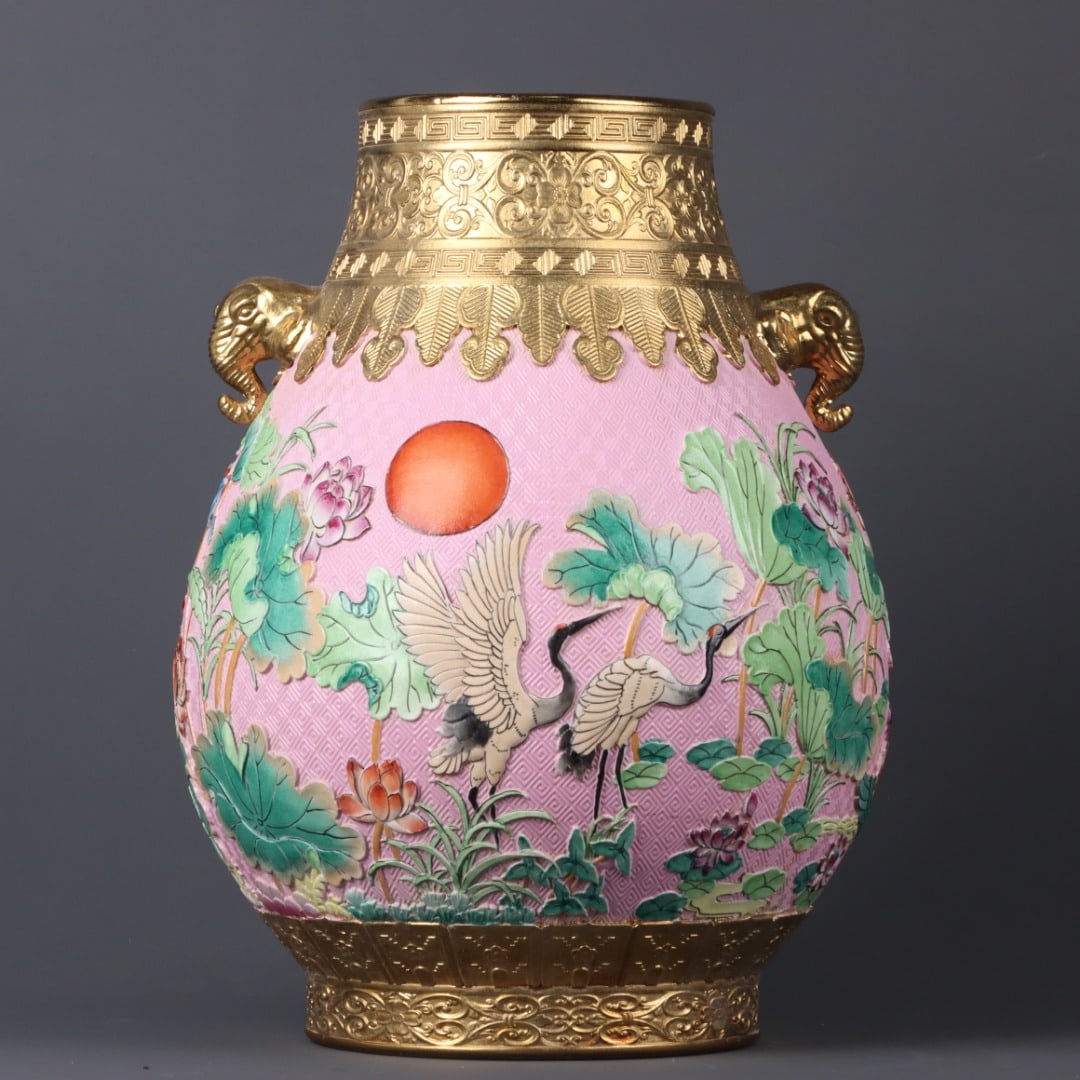 A Exquisite Enamel Gilt Flower and Bird Pattern Elephant-Ears Vase: A Exquisite Enamel Gilt Flower and Bird Pattern Elephant-Ears Vase,Qing Dynasty, China,Qianlong Six-character Mark,Size:14.2inx11.8in